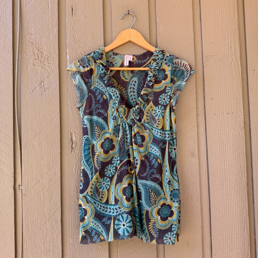 Sweet Pea Paisley Mesh Top Women Large Ruffle V-Neck Cap Sleeve Blue Green Brown - Picture 2 of 9